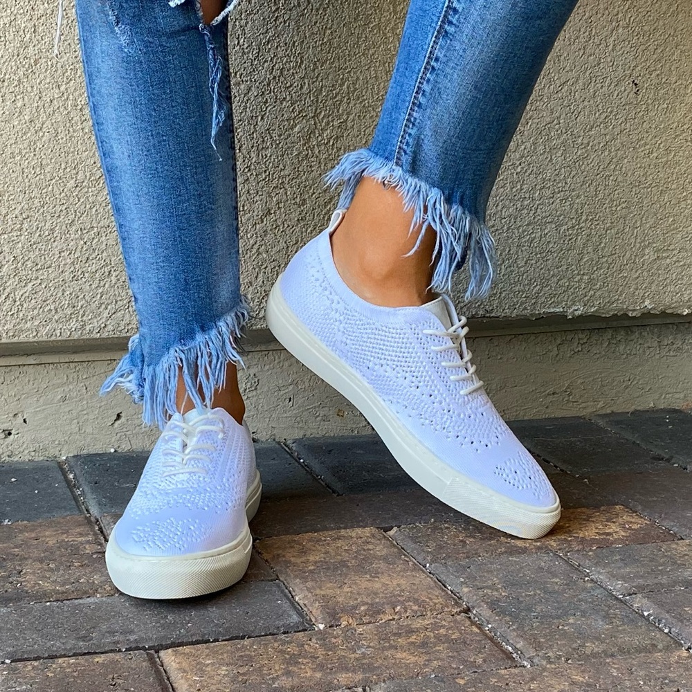 White Lace Up Brogue Fabric Knit Oxford Sneakers - Picture 10 of 16